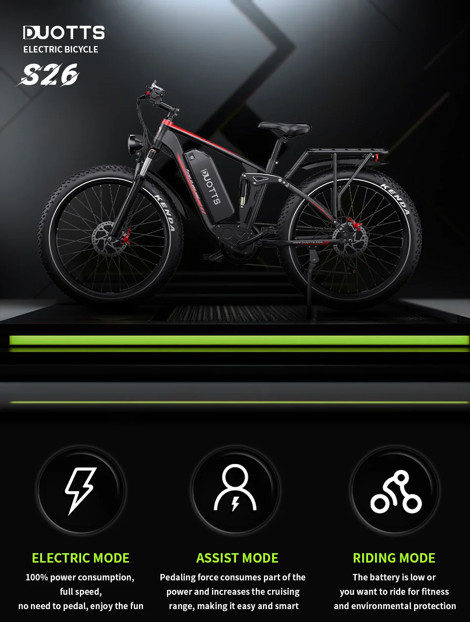 Duotts S26 Dual-Motor E-Bike 750W×2, 26" Fat Tire 48V 20AH herausnehmbarer Akku 50-55KM/H, Rahmen aus Magnesiumlegierung + Vorder-/Hinterradaufhängung, 7-Gang hydraulische Scheibenbremsen, All-Terrain