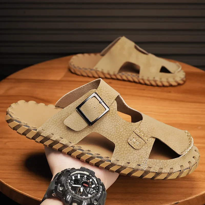 Summer Mens Slippers Casual Beach Sandals Outdoor Shoes Slides Walking Comfort Lightweight Leather Fashion Luxury Designer image 2