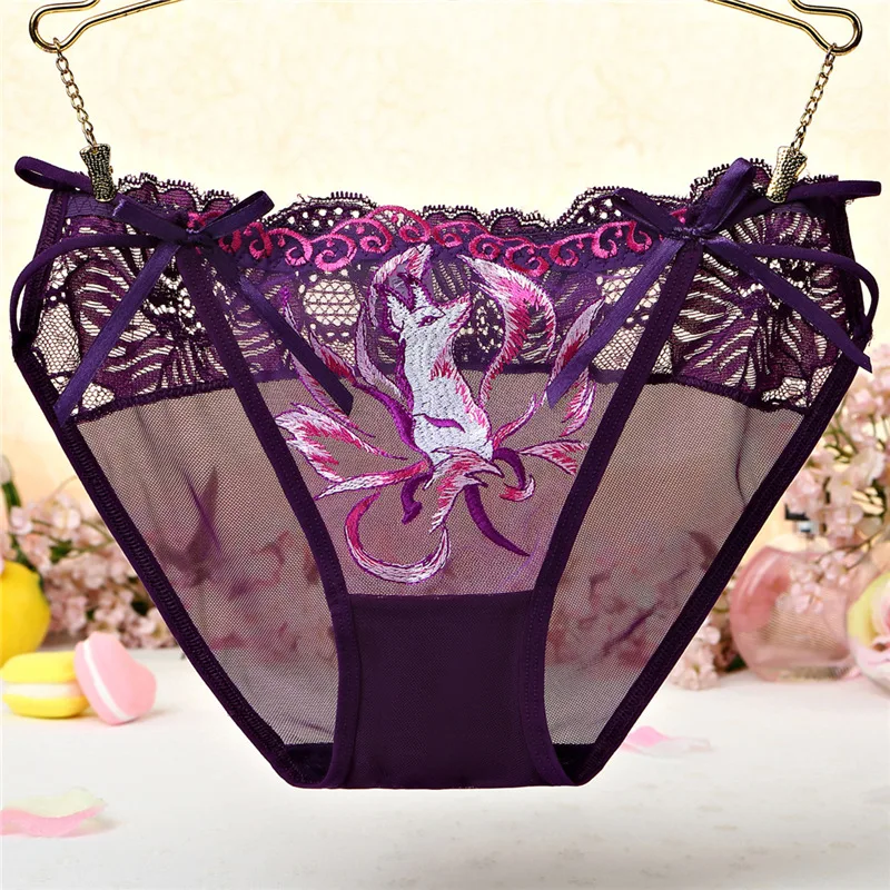 Summer Sexy Women's Panties Thin Breathable Lace Hollow Design Korean Version Low Waist Hip Lifting Cotton Triangle Fox Embroide