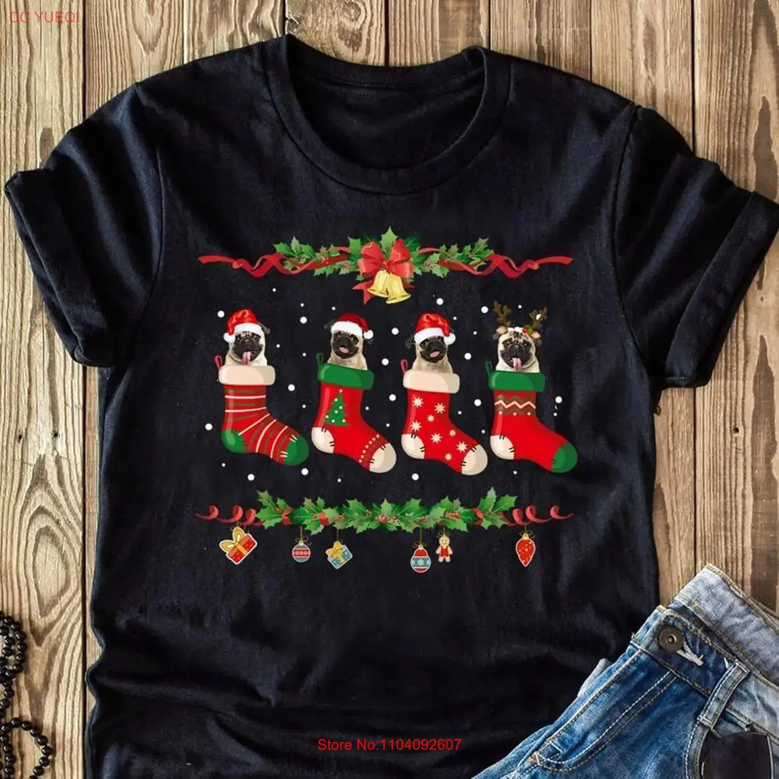 Pug Christmas Stocking T Shirt Funny Dog Xmas  vintage Washed fashion designer clothes Comfortable Casual Stretched Soft