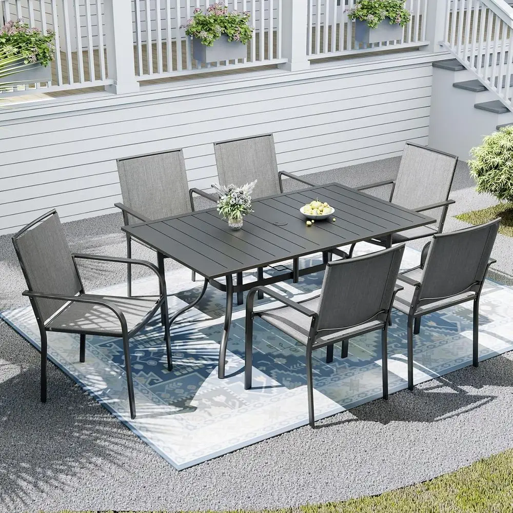 

6-Piece Outdoor Dining Set with Umbrella, 63 Patio Table & Stackable Chairs for Garden, Seaside, Backyard