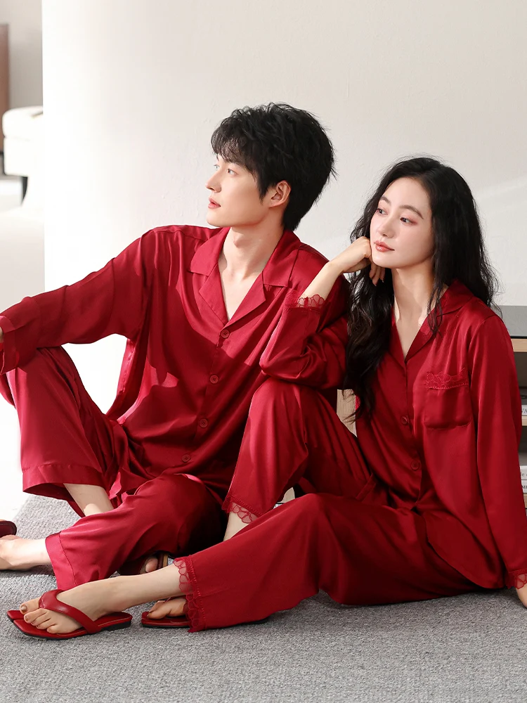 xin-fang-couple-sleepwear-long-sleeve-ice-silk-red-home-clothes-set-for-wedding-suitable-for-spring-autumn-winter-active-dyeing