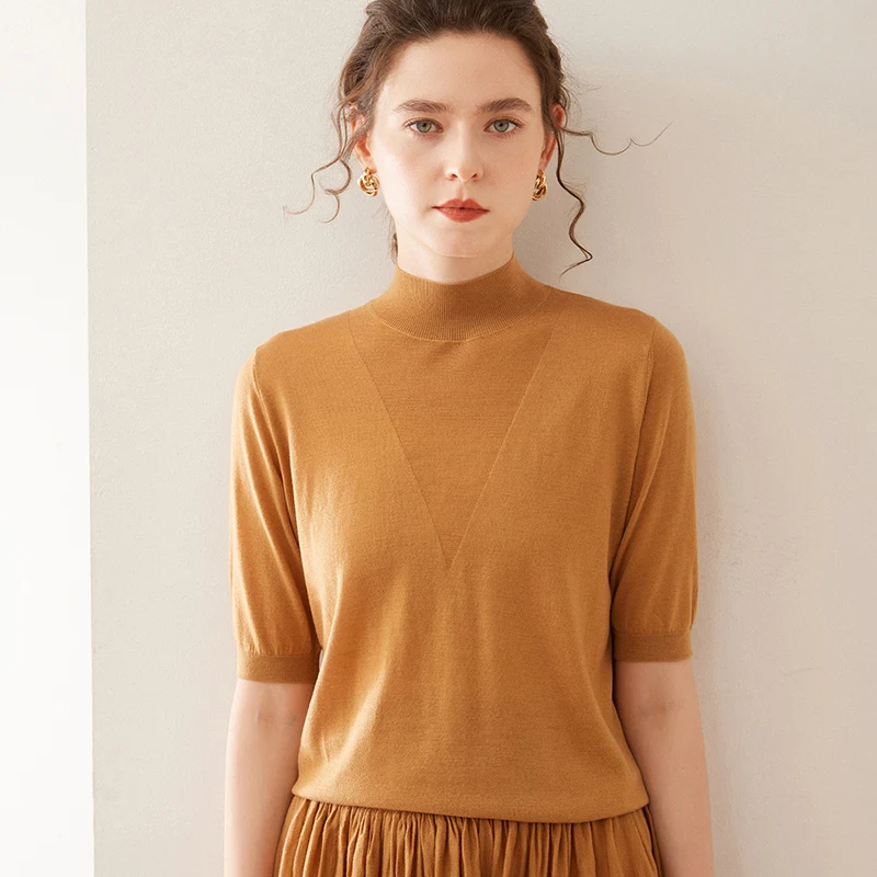 Mock Neck Short-sleeved Pullover High-quality Cashmere Sweater Female Mulberry Silk Shirt Solid Color Fashion Women's Clothes