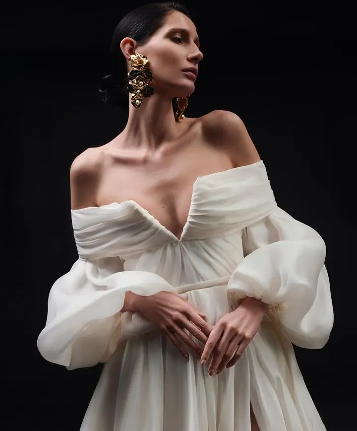 Hauture Couture Ivory Prom Party Dresses Vestidos de fiesta elegantes para mujer 2023 Off Shoulder Puff Sleeve Silk Formal Dress