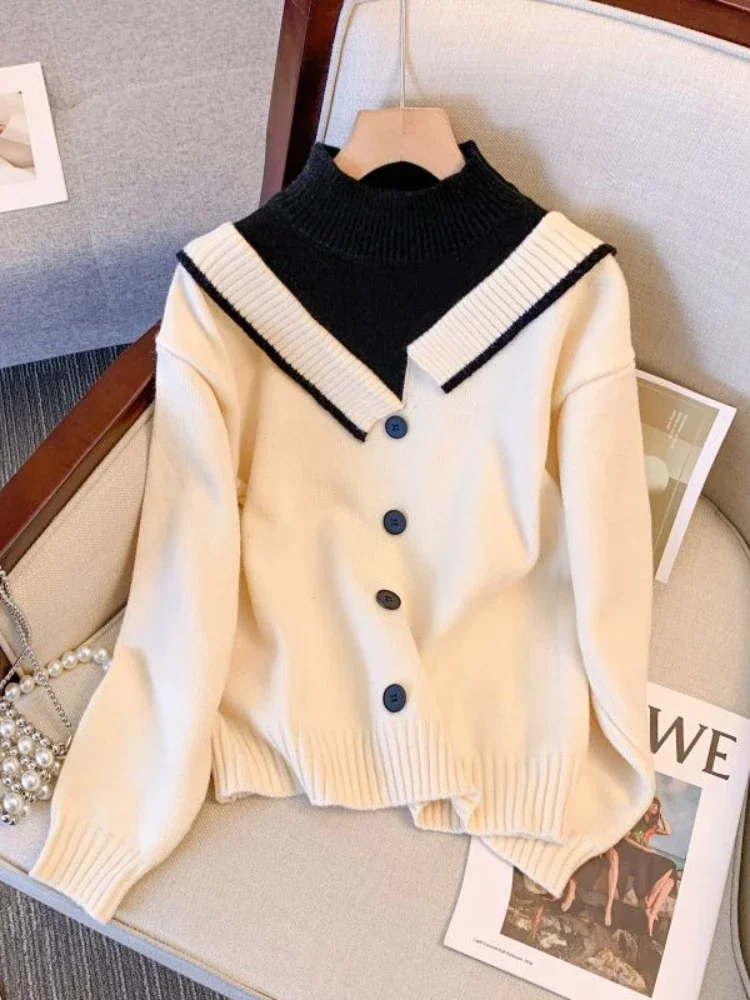 

2024 Autumn/Winter Fashion New Korean Elegant Knitted Hoodie Splicing Half High Neck Fake Two Piece Commuter Sweater Jumper