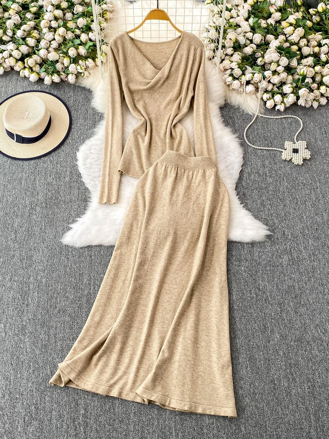 

Ele V-Ne Long Sve T-irt High Waist Skirt Two-Piece Set Simple Color Top for Autumn And Winter