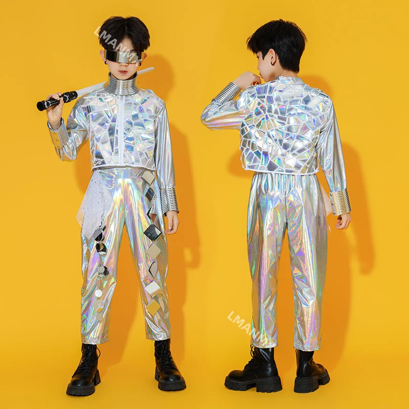 بدلة ليزر فضائية للأطفال، مجموعة رقص روبوتية، أزياء أداء عصرية للرجال والنساء باللون الفضي #5