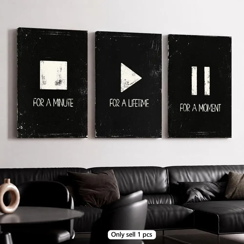 Play Pause Music Typography Framed Wall Painting Framed Canvas Wall Art Poster Solid Wood Frame Home Decor