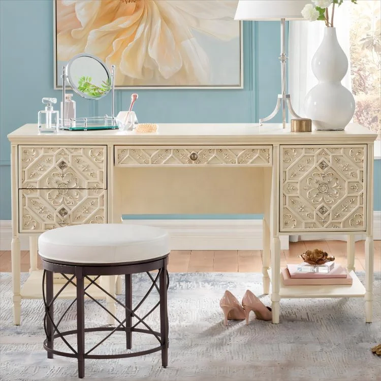 

French luxury beautifully carved white wooden home desk study table