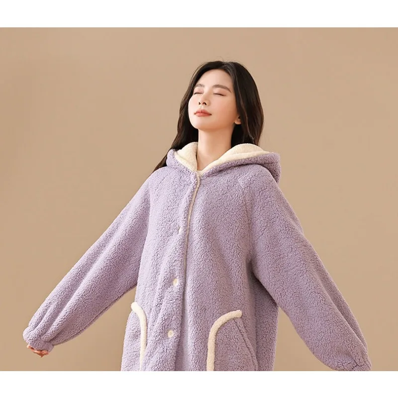 Long Style Flannel Pajamas Loungewear Coral Fleece Night Gown Ms. Autumn and Winter Intensification Women's Bathrobe Wintertime