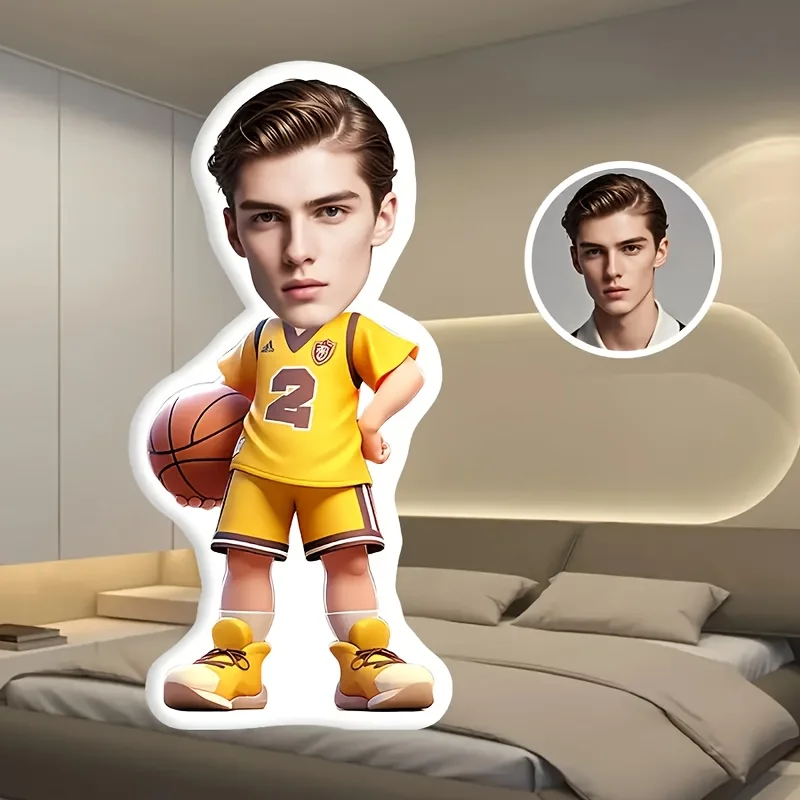 A Customized Throw Pillow for Basketball Enthusiasts, Featuring a Personalized Combination of Face and Body Photos, Using Double