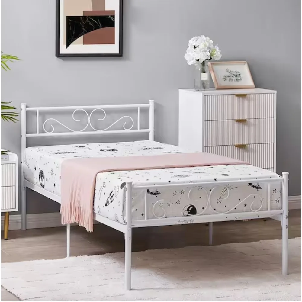 Victorian Bed Frame, Metal Frame Twin Platform Bed No Box Spring Needed Heavy Duty Bed with Headboard, 40 in. W