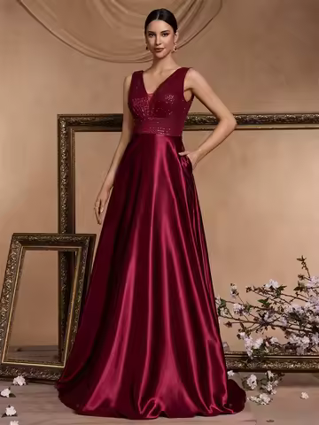 BLUEPLUM Elegant Sequins Red Formal Evening Dress Women Long Luxury V-neck Satin Party Prom Floor Length Cocktail Dress Gowns