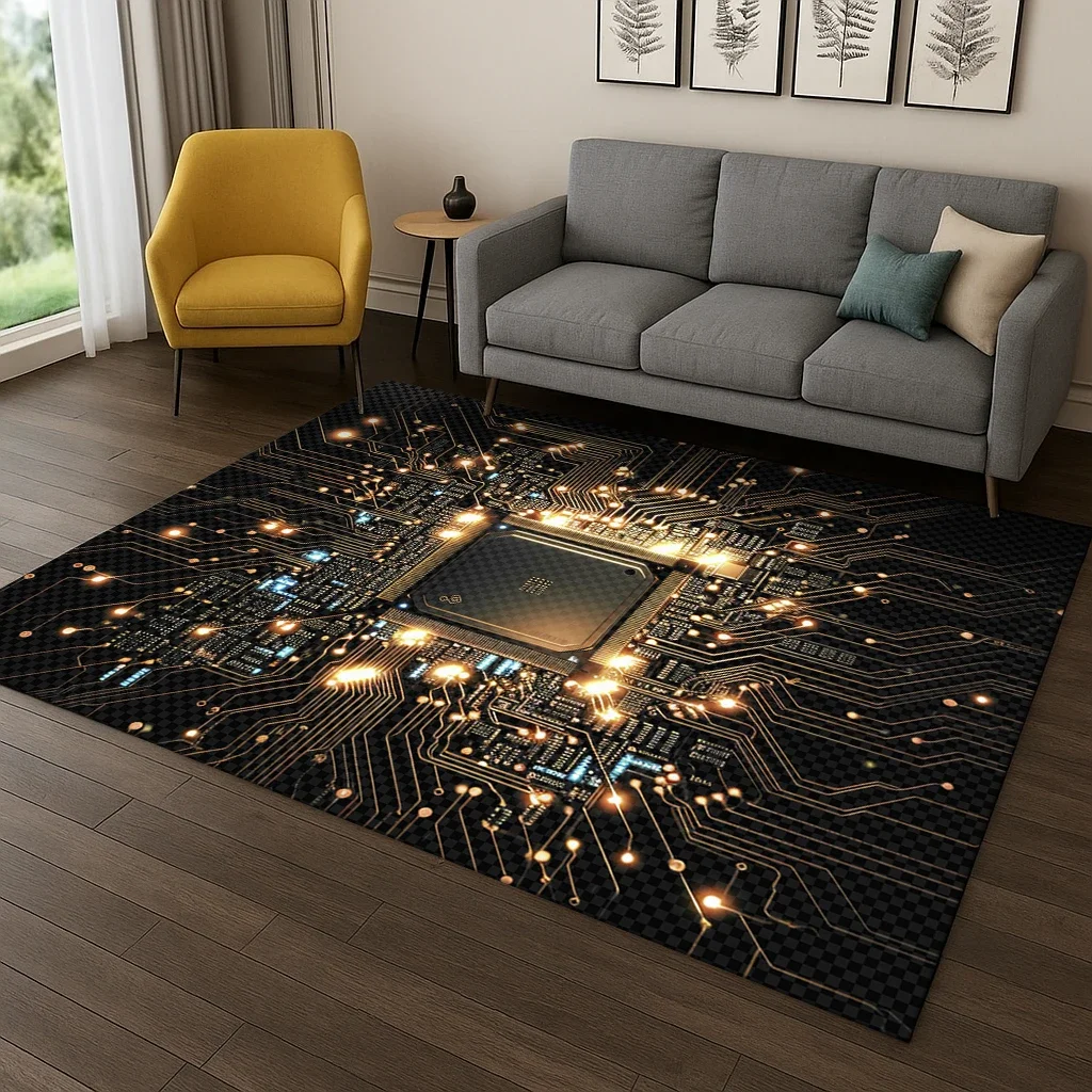 

Chip & Circuit Board Pattern Area Rug, Non-Slip Floor Mat for Living Room & Bedroom – Tech Style Home Decor