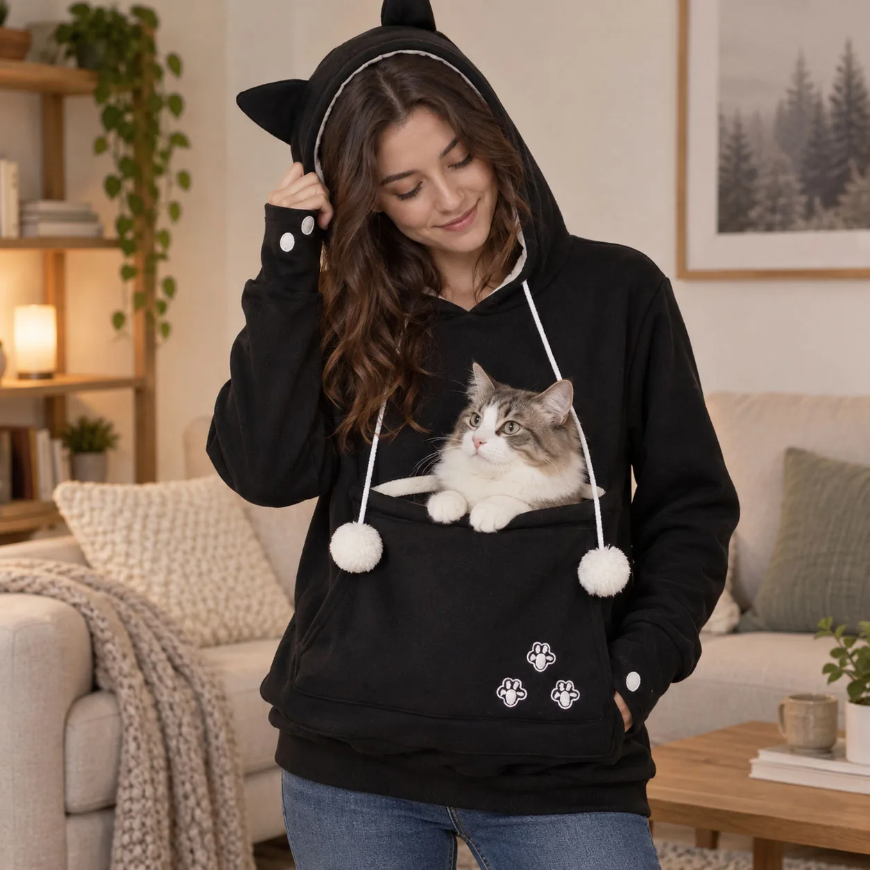 Women Fleece Hoodie Large Pet Pocket Cat Carrier Sweatshirt Winter Warm Oversized Soft Pullover Cozy Casual Top for Cat Lovers