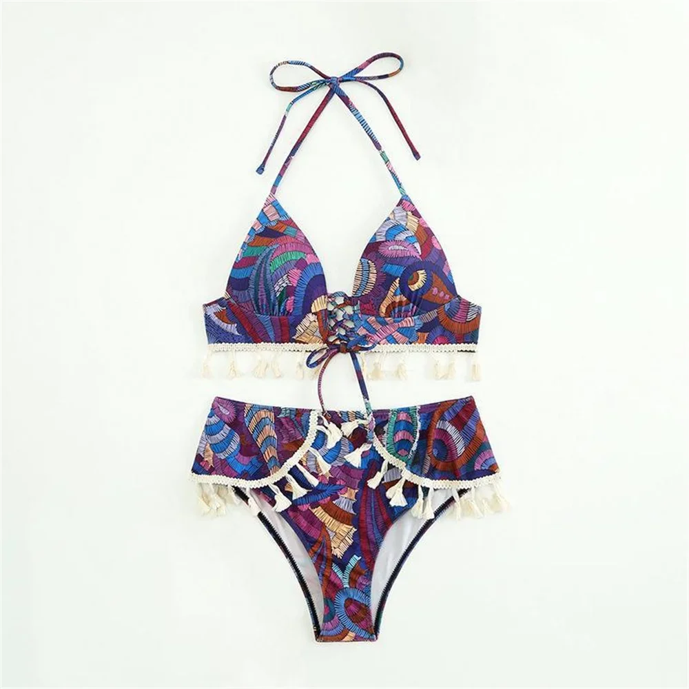 

Drawstring Halter Bikini Knotted Backless Boho Fringed Swimsuit Push Up Vacation Swimwears Women Beach Outfit Print Bathing Suit
