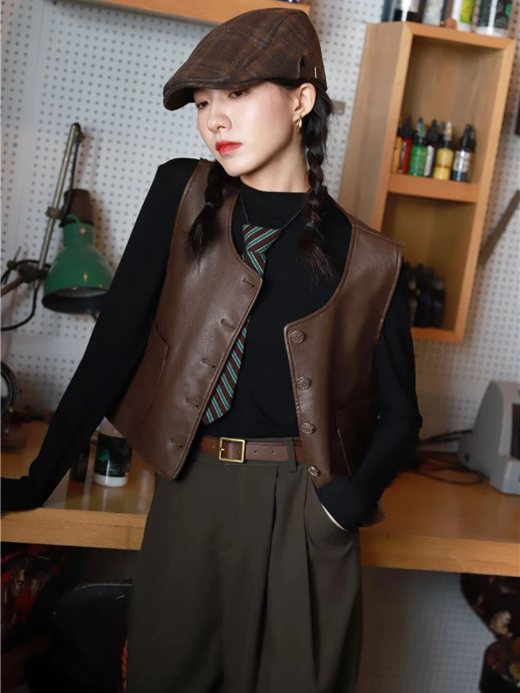 

Black Pu Leather Vest for Women Autumn Casual Single Breasted O Neck Crop Jacket Y2K Vintage Loose Streetwear Sleeveless Outwear