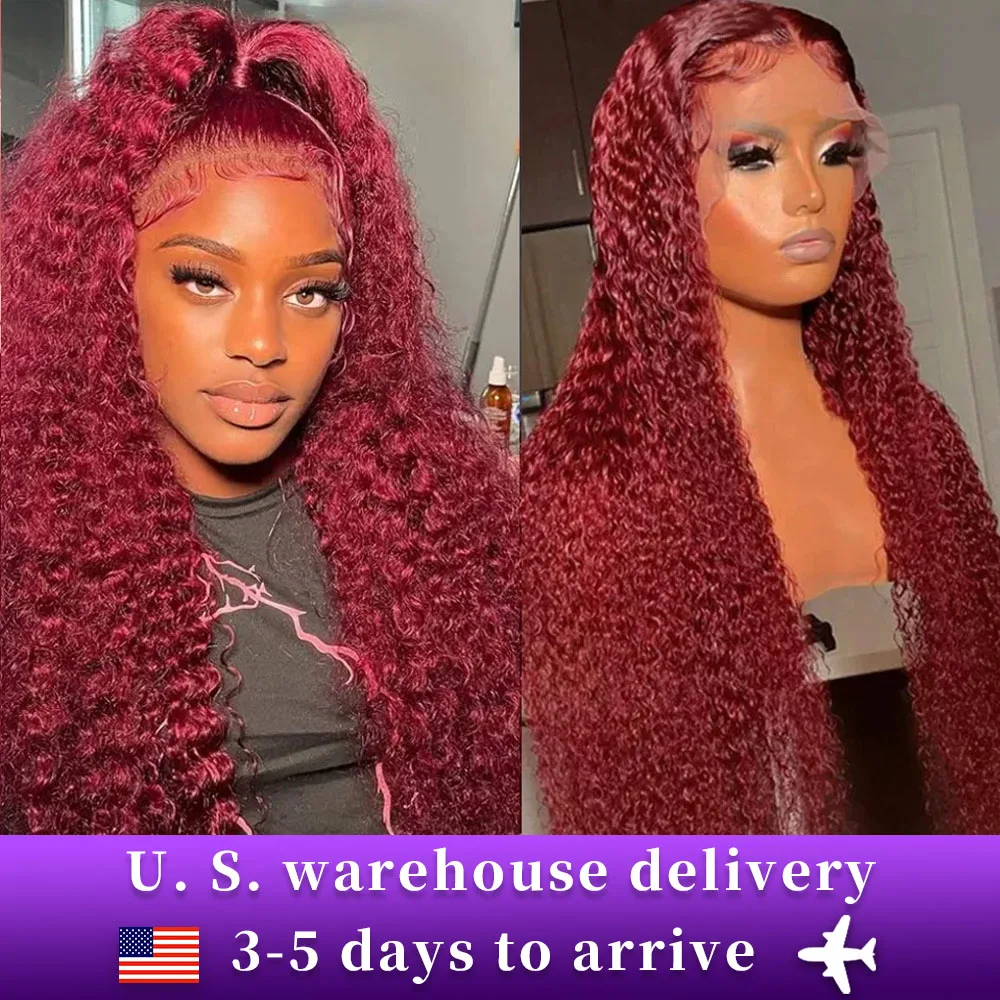 Perruque Lace Front Wig Remy bouclée rouge bordeaux 99J, cheveux naturels, 13x4, 13x6, densité 250, 30 40 pouces, pour femmes