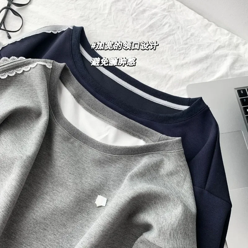 Sweat-shirt à manches longues en dentelle avec nœud et épaules inclinées, haut ample, début d'automne, nouvelle collection