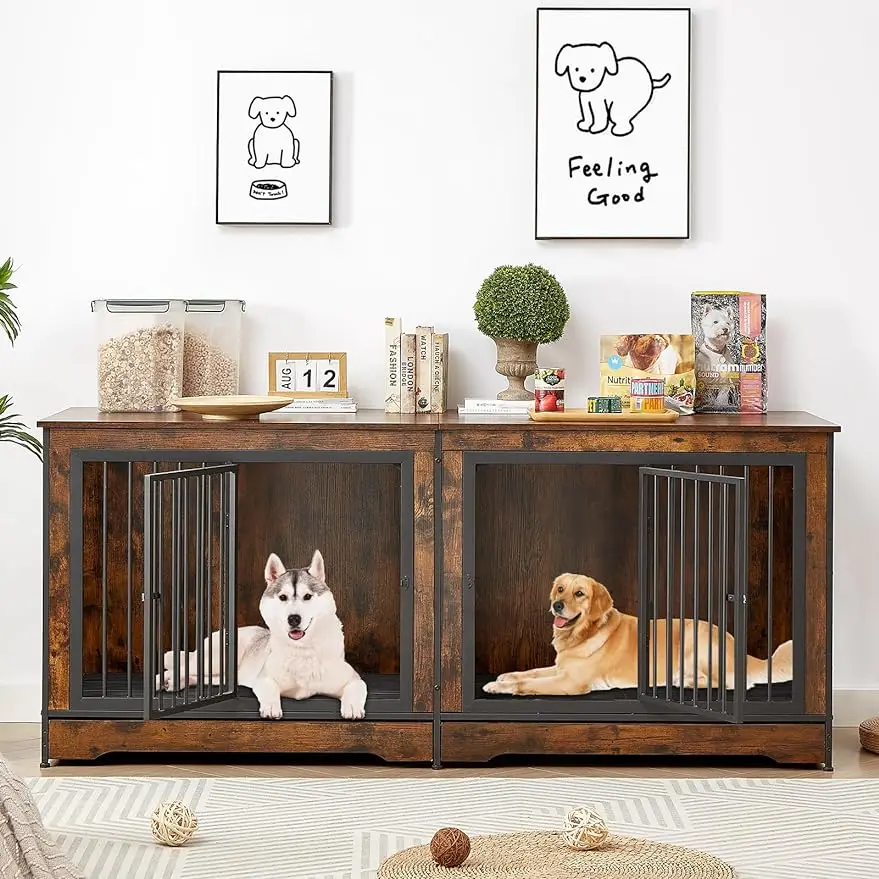 

75'' Double Dog Beds Crate Furniture for 2 Large Dogs, Heavy Duty Crate, Furniture Style Crate End Table, Wood Crates for Kennel