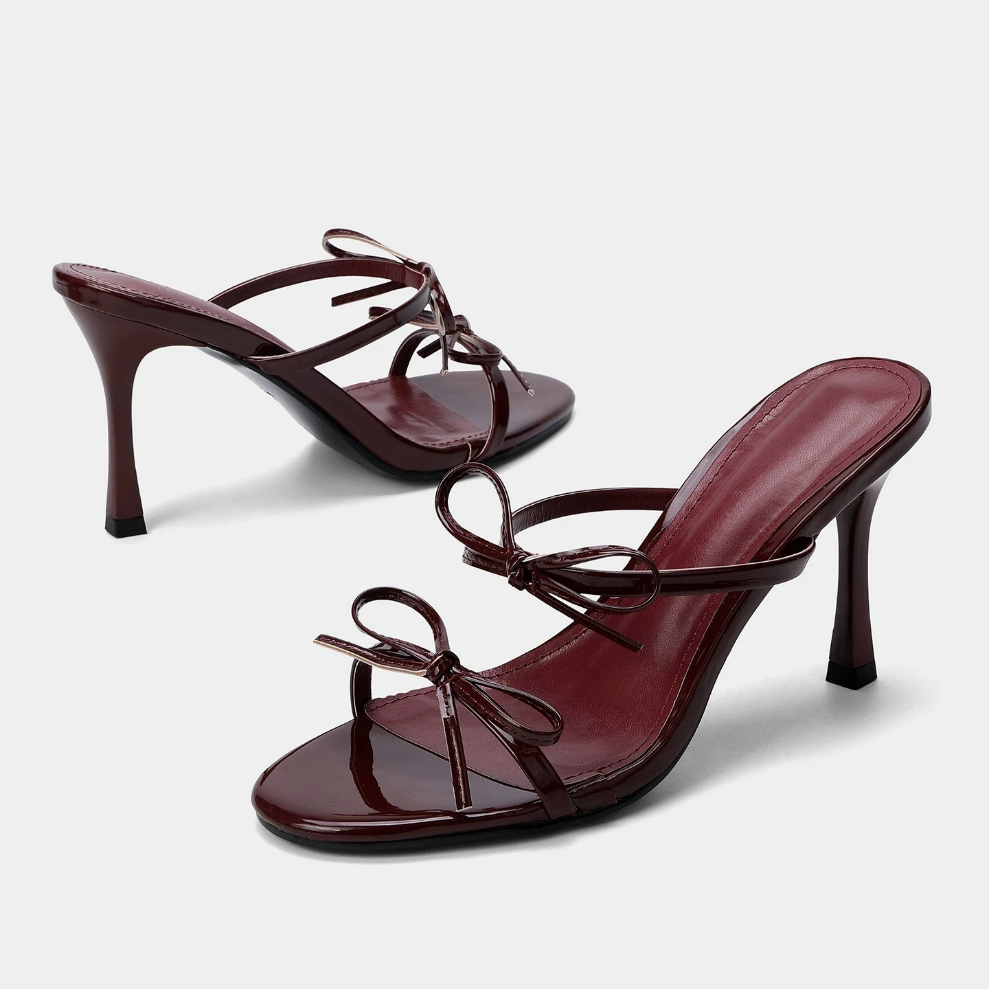 

Роскошные бордовые босоножки на каблуке для женщин с двойным бантом, без задника, на высоком каблуке, элегантные дизайнерские туфли-стилето для вечеринок