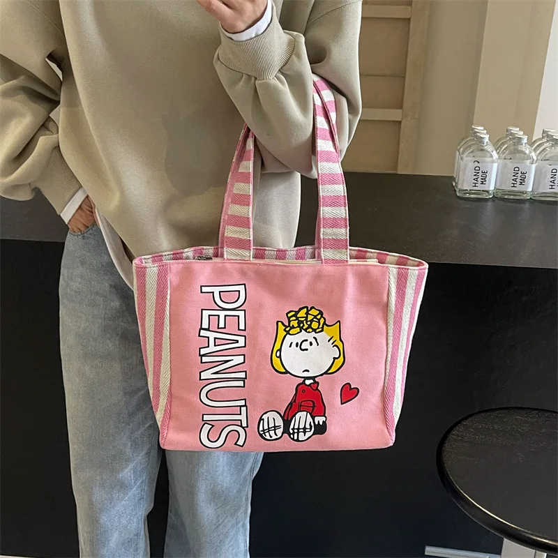 Kawaii Spring and Summer Canvas Bag Women's Large Capacity Snoopy Hand-carrying Bento Shopping Bag Mommy Striped Tote Bag view 3