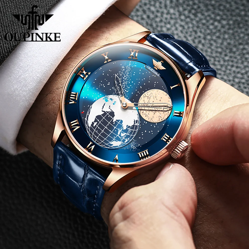 OUPINKE Automatic Mechanical Men\'s Watch 3D Earth Starry sky Rotating Dial Japan Movement Stainless steel Luxury Watch TOP Brand