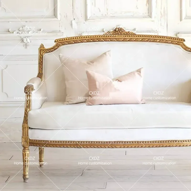 French Retro Carved Double Sofa High Back Fabric Couch for Wedding Studio Living Room Vintage Style Elegant Seating Furniture