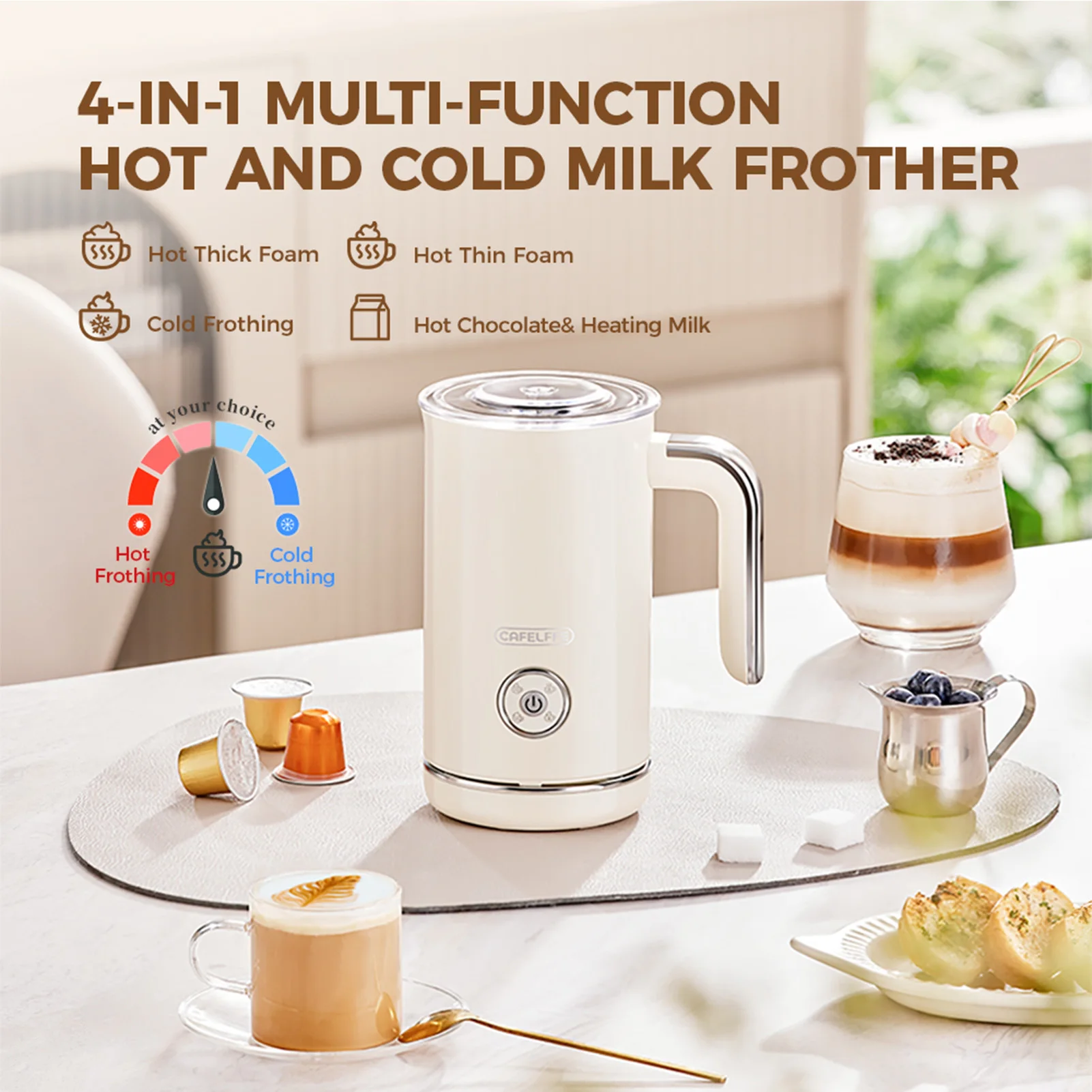 Cold Hot and Heating Brew Auto Shut Off Double Layer Anti-scald and Non Stick 4-in-1 Electric Milk Frother for home