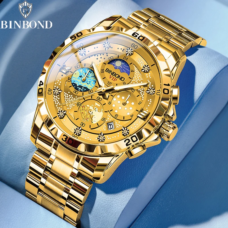 BINBOND Business Men\'s Watches Waterproof Chronograph Luxury Starry Sky Luminous Quartz Wristwatch Date Fashion Male Gold Clock