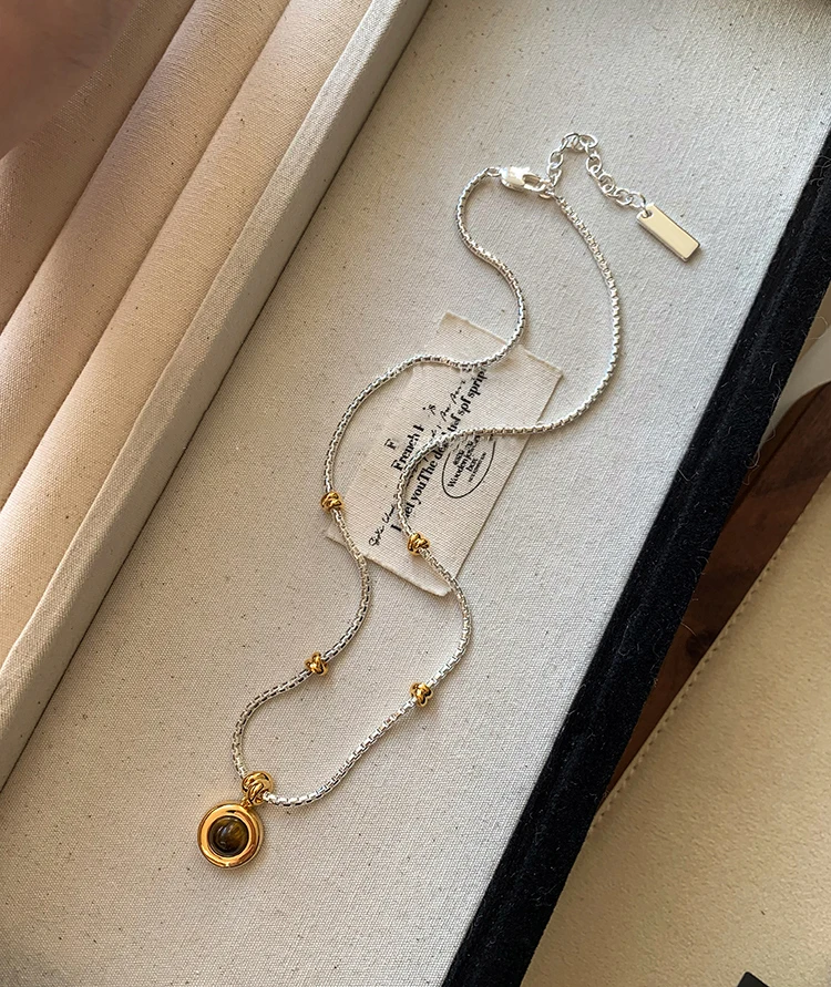 Gold- und Silberfarbene Kette, kreisförmiger Tigerauge-Stein-Anhänger, Halskette, luxuriöser Schmuck für Damen, sexy Schlüsselbein-Accessoires – Detail 11