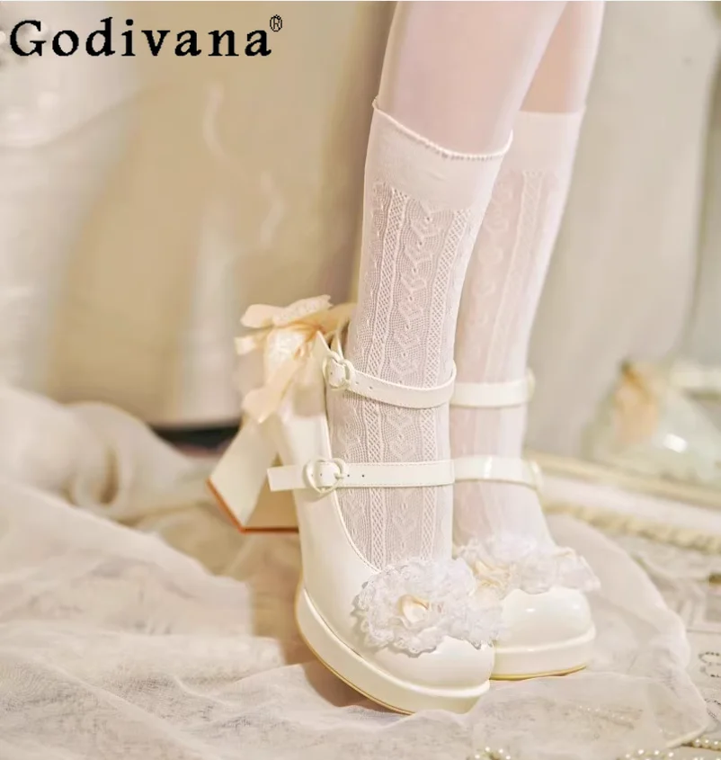 

Sweet Dream Ballet Original Japanese Lolita High Heels Sweet Cute Girl Round Head Thick Heel Lace Bow Mary Jane Leather Shoes