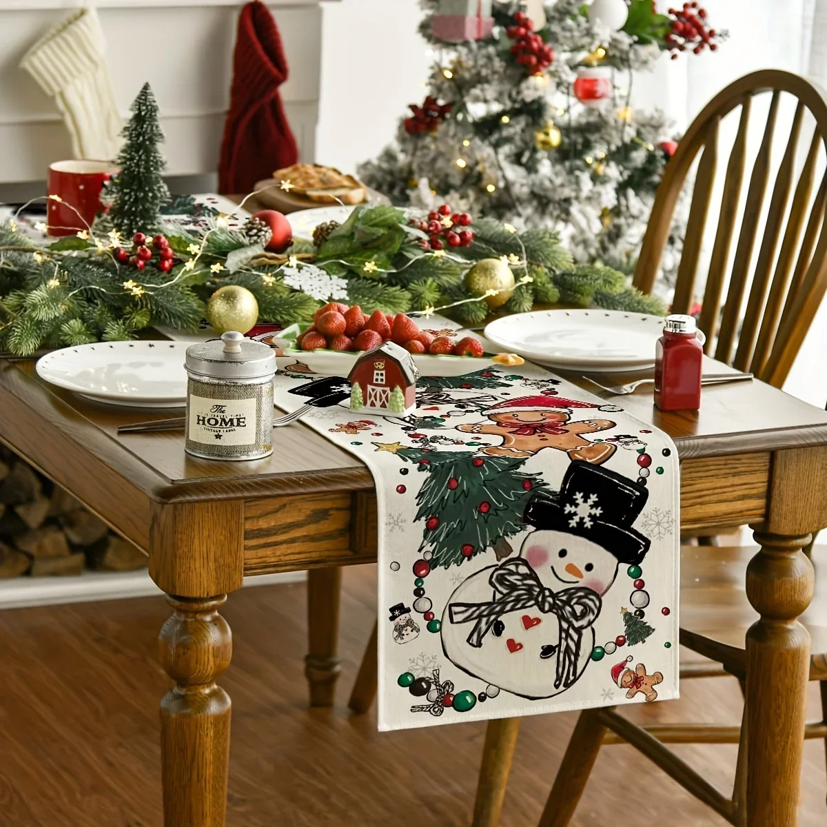 

Рождественский снеговик, дорожка из полиэстера с праздничным снеговиком, пряничный человечек, рождественская елка и орнамент, декор стола
