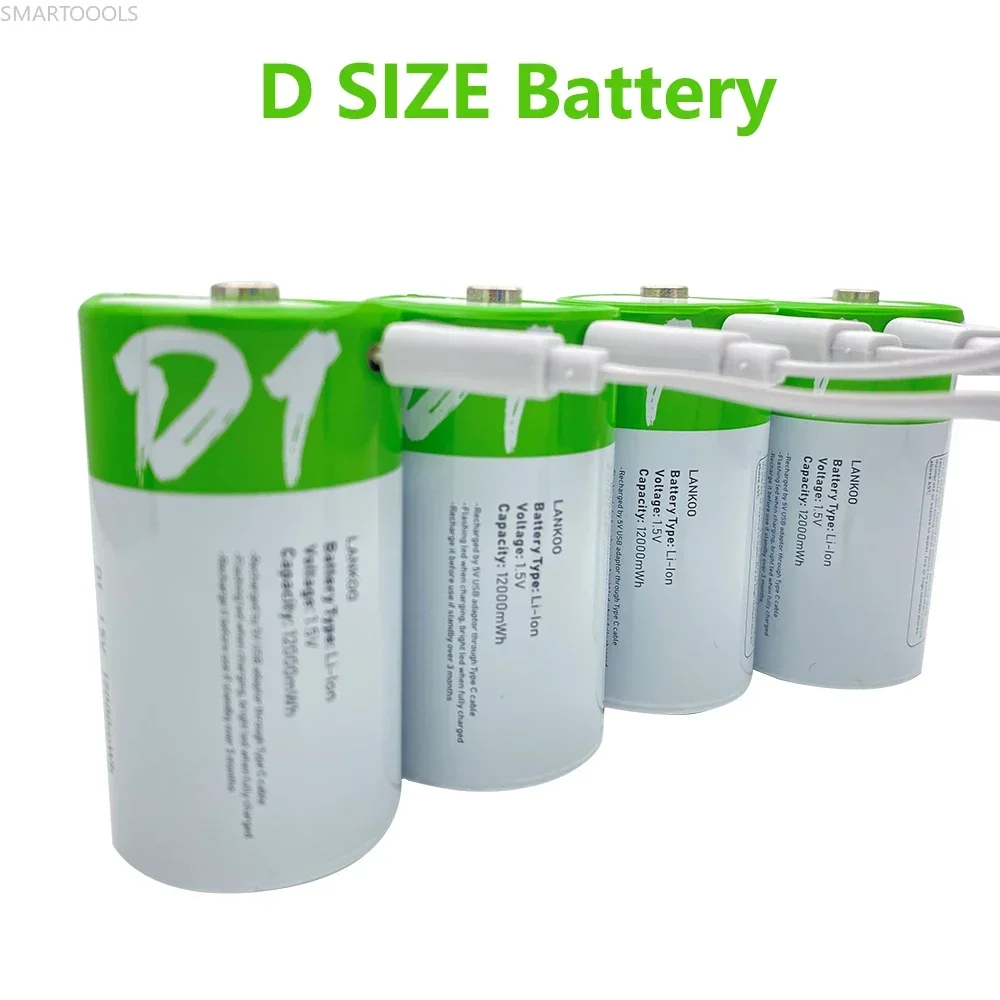 1-10 szt. Akumulatory USB typu D LR20 Li-ion 1,5 V 12000 mWh z kablem typu C do urządzeń gazowych
