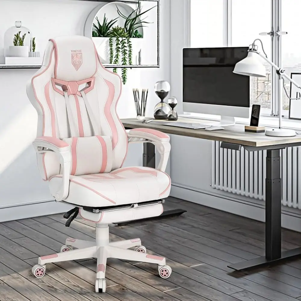Ergonomic High-Back Gaming Chair with Footrest and Massage, White & Pink for Adults view 2