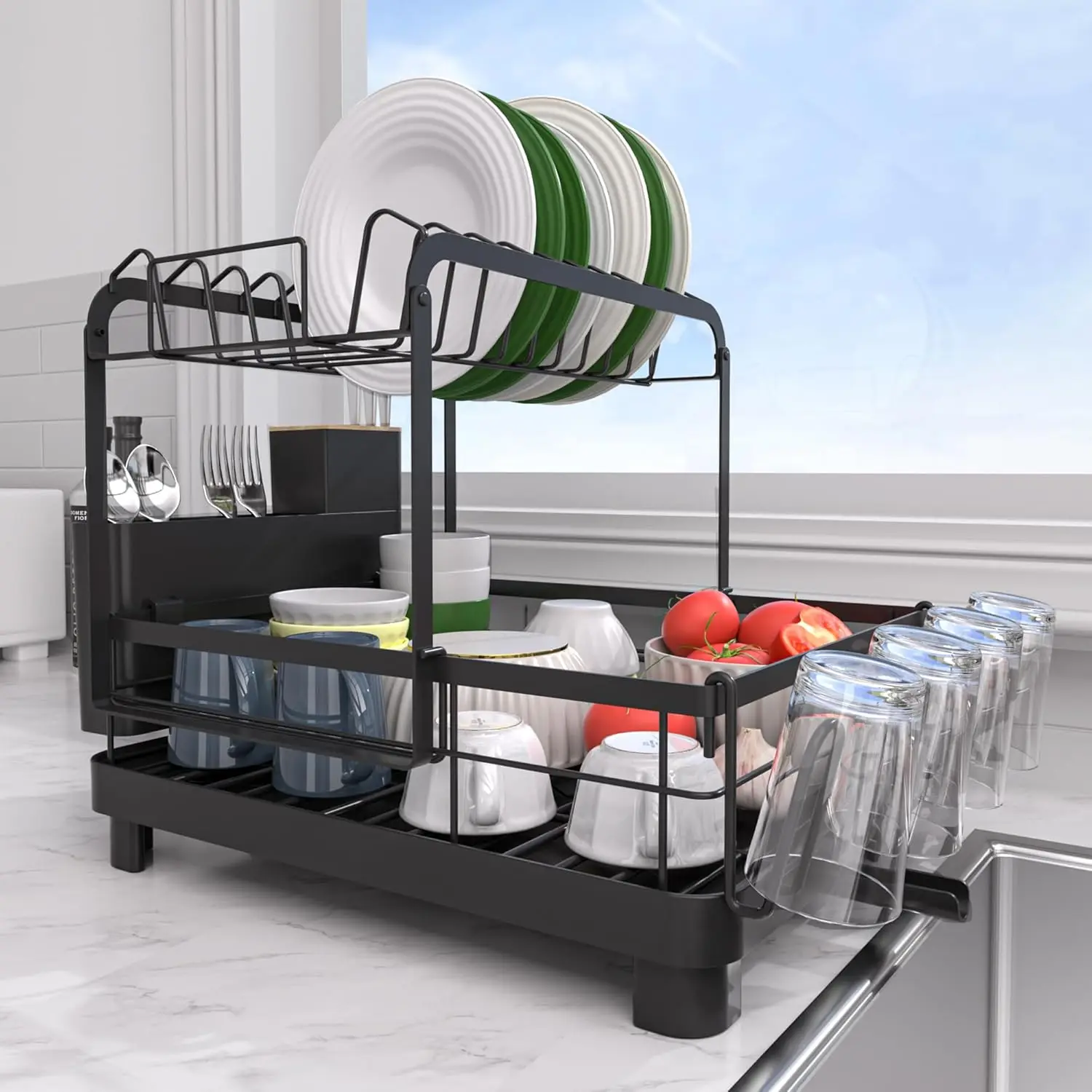 

2-уровневая сушилка для посуды, большой набор сливных досок, съемная сушилка для посуды 4-в-1, черная