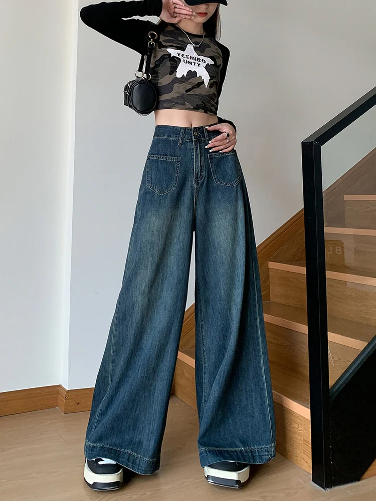 

Широкие прямые джинсы с высокой талией для женщин, весенне-осенние свободные утягивающие скрывающие брюки большого размера, винтажные брюки длиной до пола