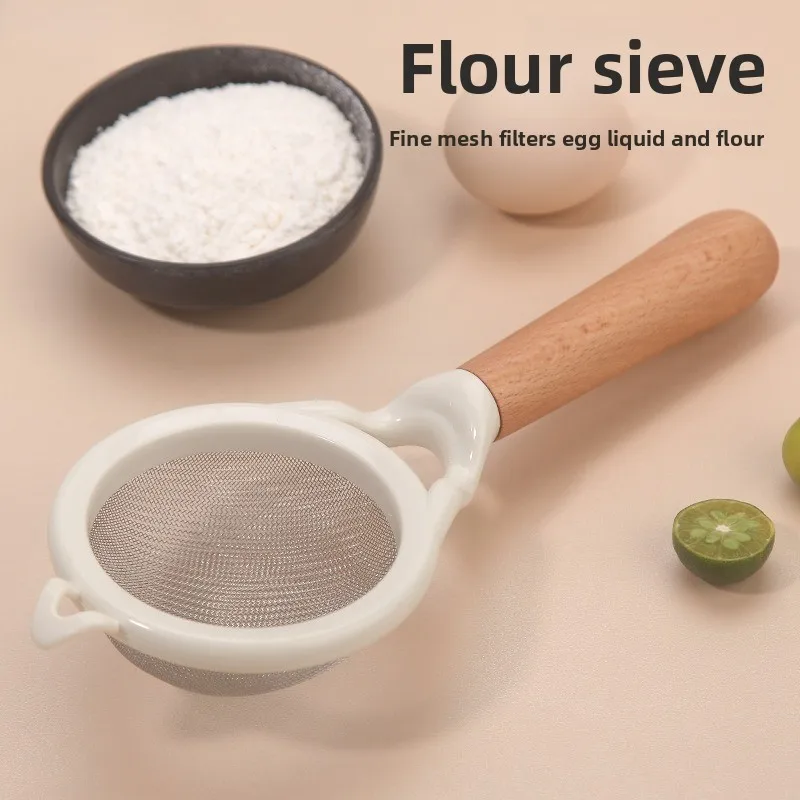 Stainless steel flour sieve 30 mesh wooden handle powder sieve hand-held baking filter juice soybean milk baking tool