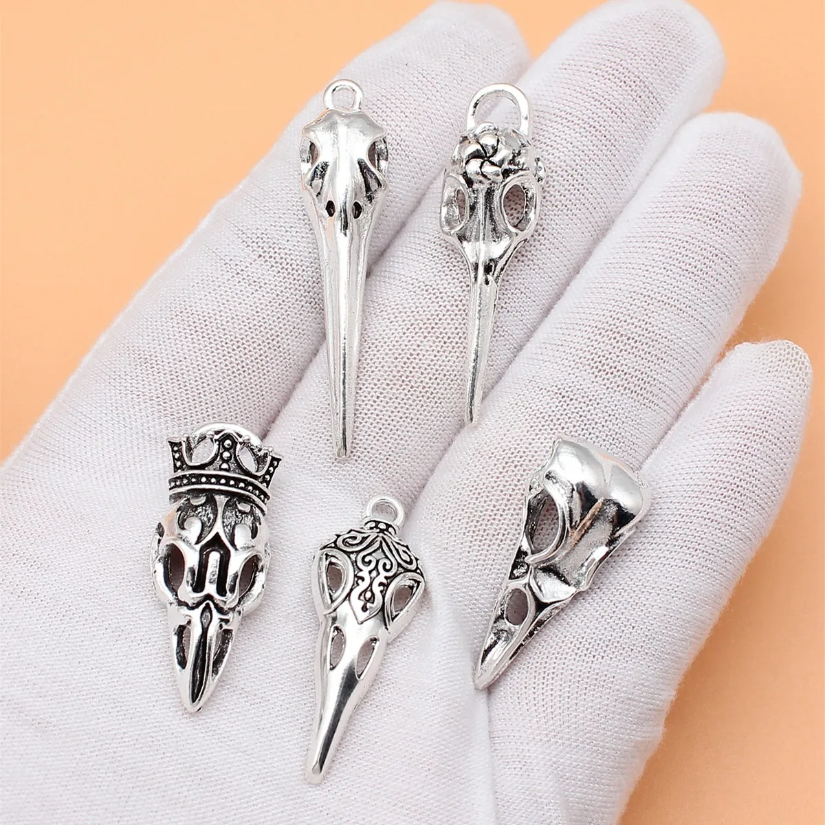 5pcs Antique Silver Color Skull Beak Charms Collection For DIY Jewelry Making, 5 Styles, 1 of Each