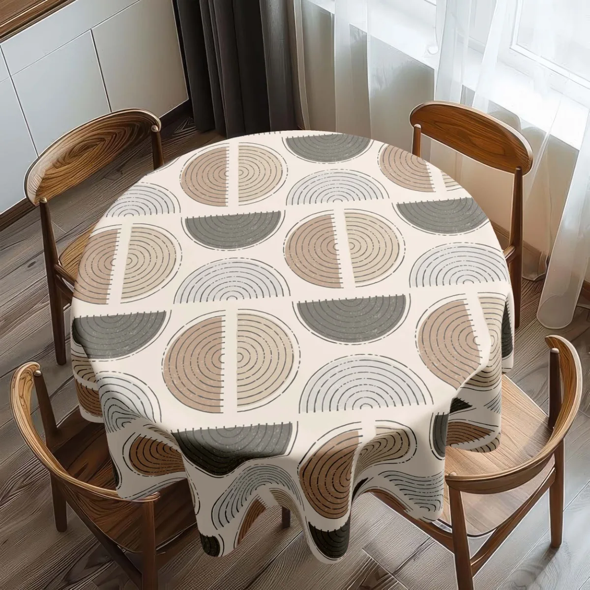 1pc Polyester Tablecloth. Features a geometric circular sun design. Suitable for parties, garden decorations and gifts.zyc