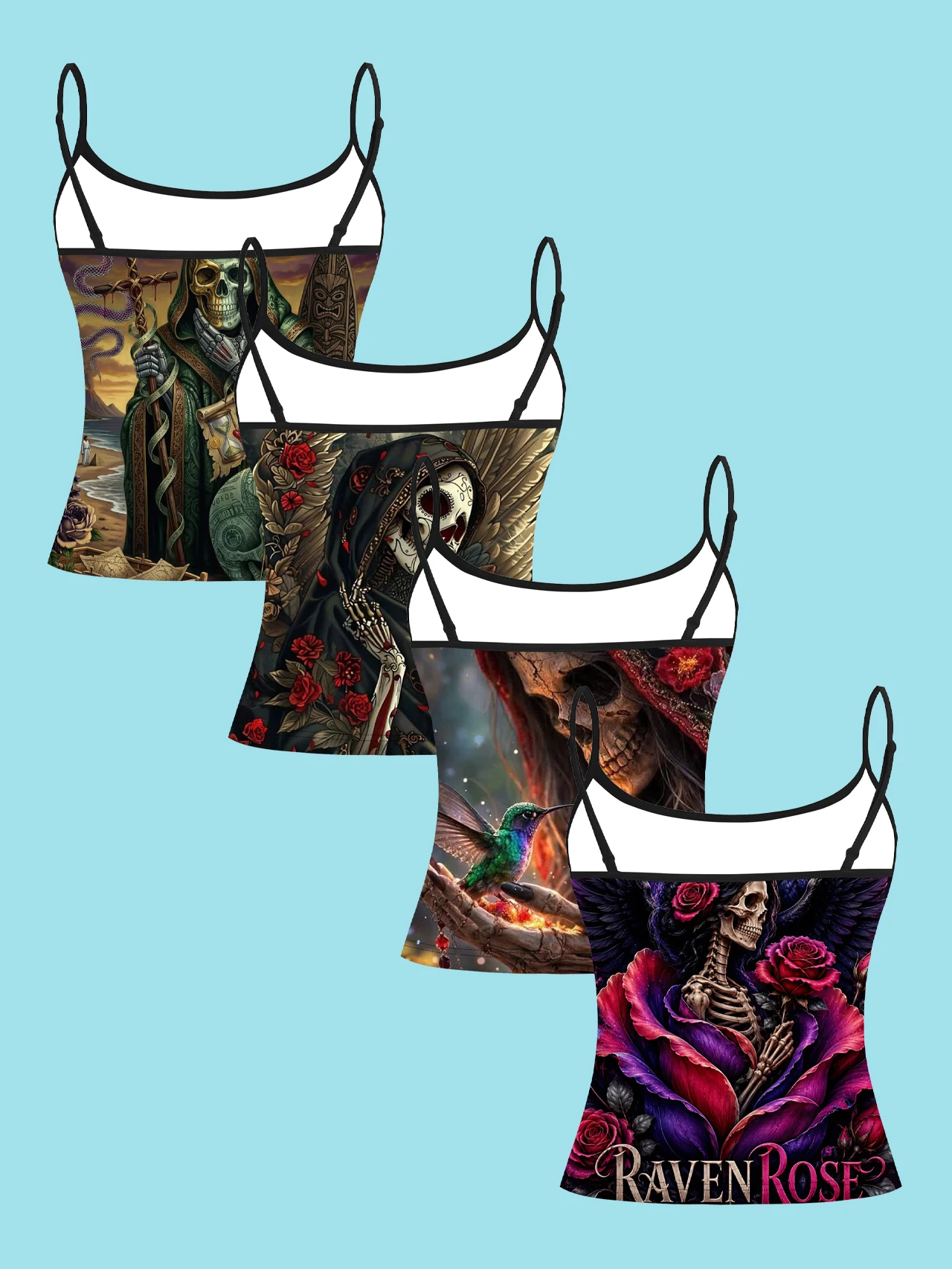 4-Piece Set of Gothic Rose Skull Goddess Print Camisoles for Women, Halloween Dark Retro Spaghetti Strap Slim-Fit Inner Tops