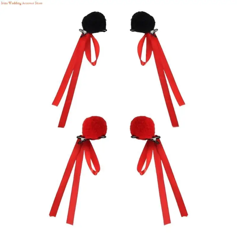 G92D 1 Pair Kids Plush Ribbon Bun Hair Clip China Movie Ne Zha Headdress for Girls