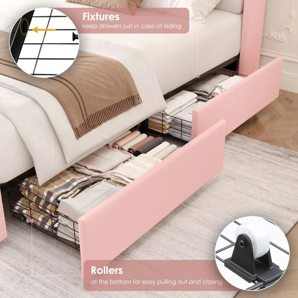 Full Size LED Bed Frame with Outlets and USB Ports,4 Storage Drawers Crystal Button Tufted Velvet Upholstered Platform Bed Frame