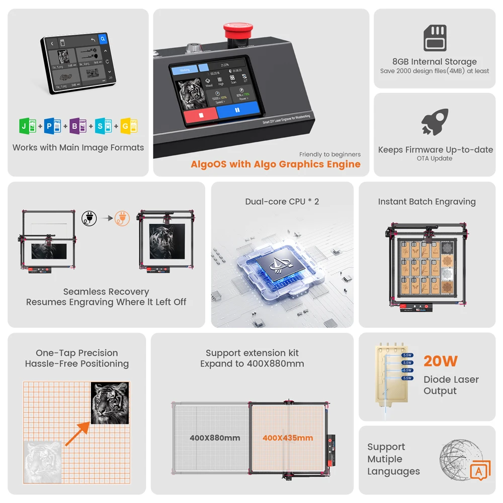 Algolaser DIY Kit MK2 10W Laser Graveur Cutter mit Touchscreen Wifi Offline APP Steuerung 40*40cm Große Größe Holzbearbeitung
