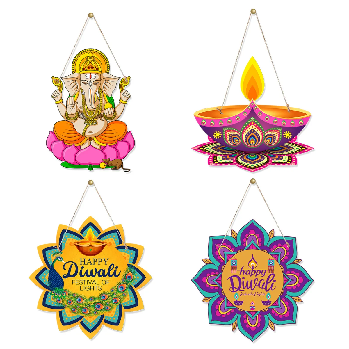 4Pcs Diwali Theme Door Hanger Candle Elephant Wall Hanging Pendants Oranments for India Happy Diwali Festival Party Decoration