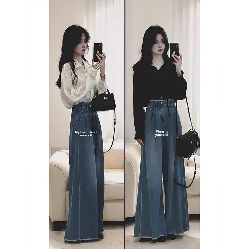 Setelan Dua Potong Pakaian Wanita Musim Gugur, Atasan Korea Model Lengan Panjang dan Celana Jeans Kaki Lebar, Gaya Elegan Kasual
