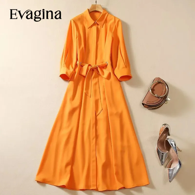 

Evagina 2024 New Fashion Runway Designer Women's Lapel Collar Long Sleeved Frenulum Single Breasted Elegant Temperament Dress