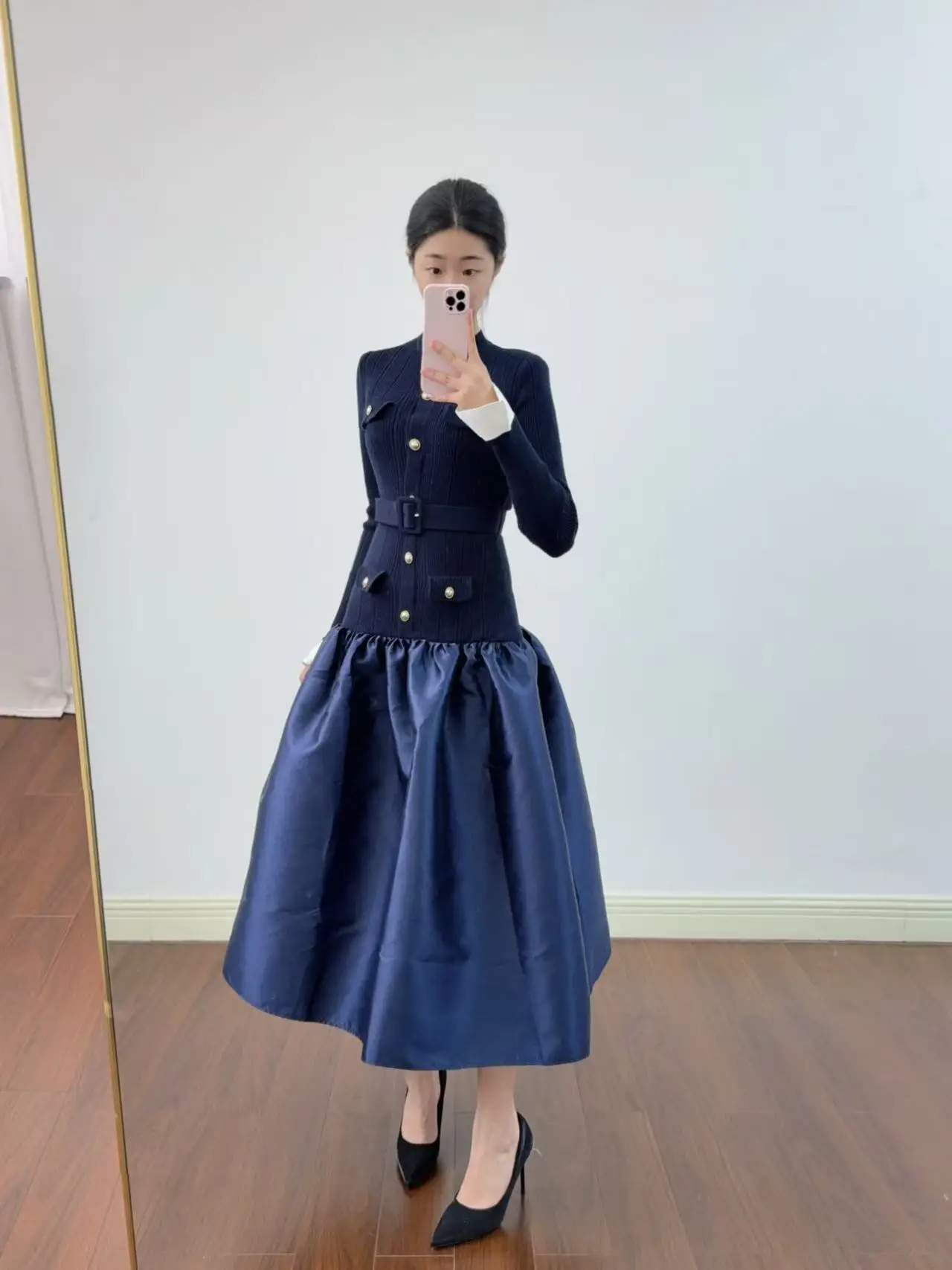 

Luxurious Dresses for Women Autumn Elegant Navy Knit Taffeta Patchwork A-Line Maxi Slim Fit Dress Women Clothes