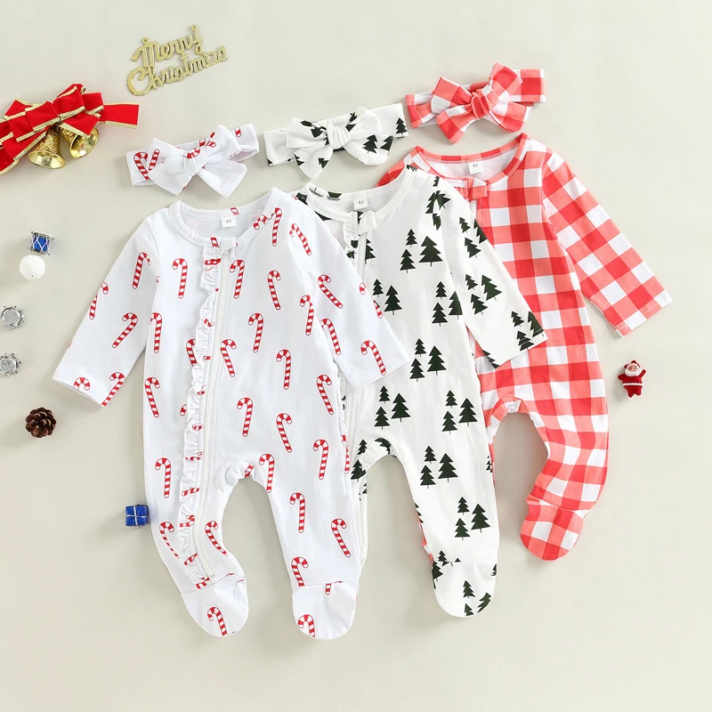 Infant Baby Christmas Footed Romper, Crutch/Plaid/Christmas Tree Print Long Sleeve Ruffled Zipper Jumpsuit + Headband