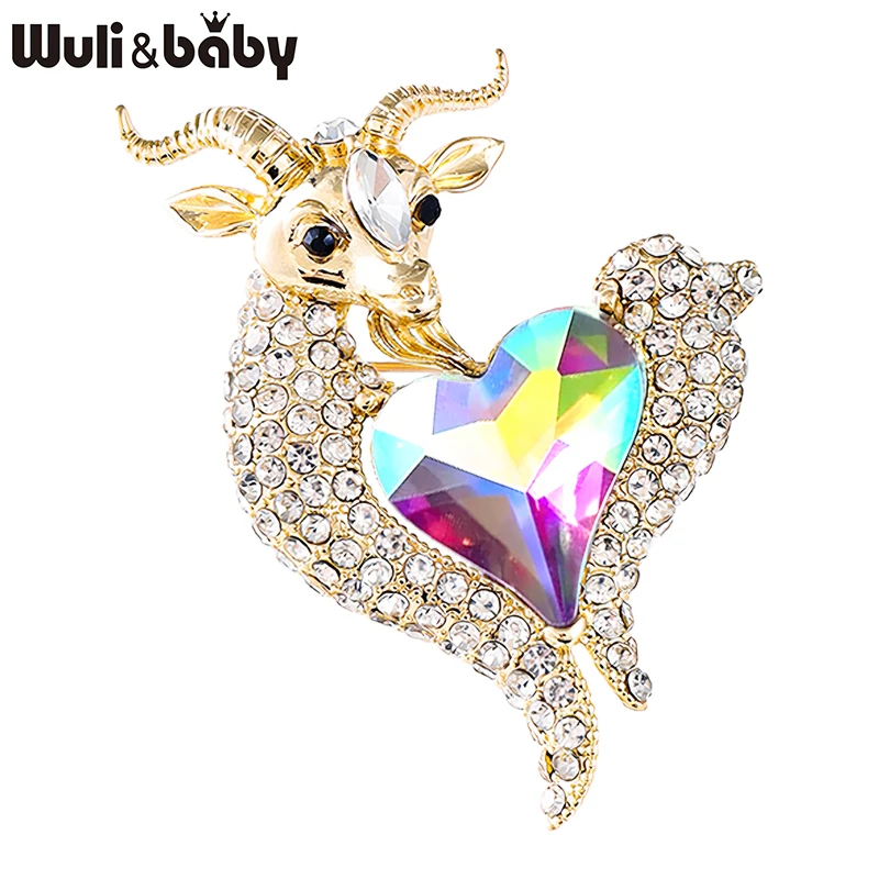 Wuli&baby Sparkling Heart Goat Brooches For Women Unisex Beautiful Rhinestone Year Of The Sheep Animal Brooch Pin New Year Gifts